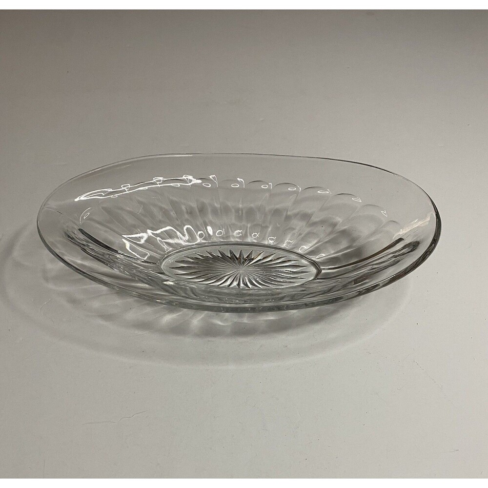 Vintage Clear Glass Starburst Bottom Oval Relish Vegetable Serving Dish